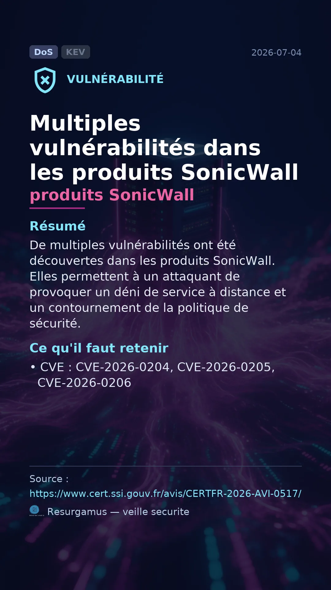 CVE-2026-0204 produits SonicWall Vulnerability