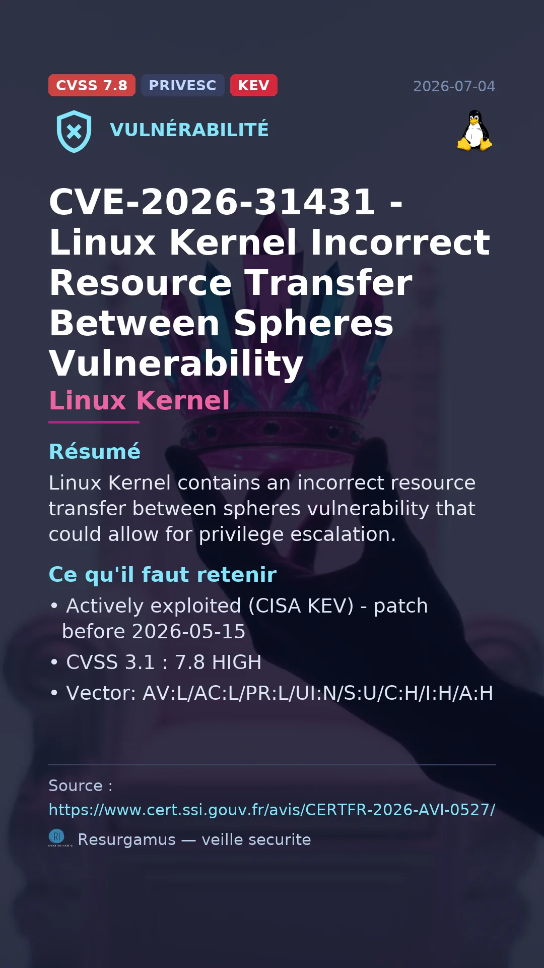 CVE-2026-31431 - Linux Kernel - actively exploited (KEV) vulnerability