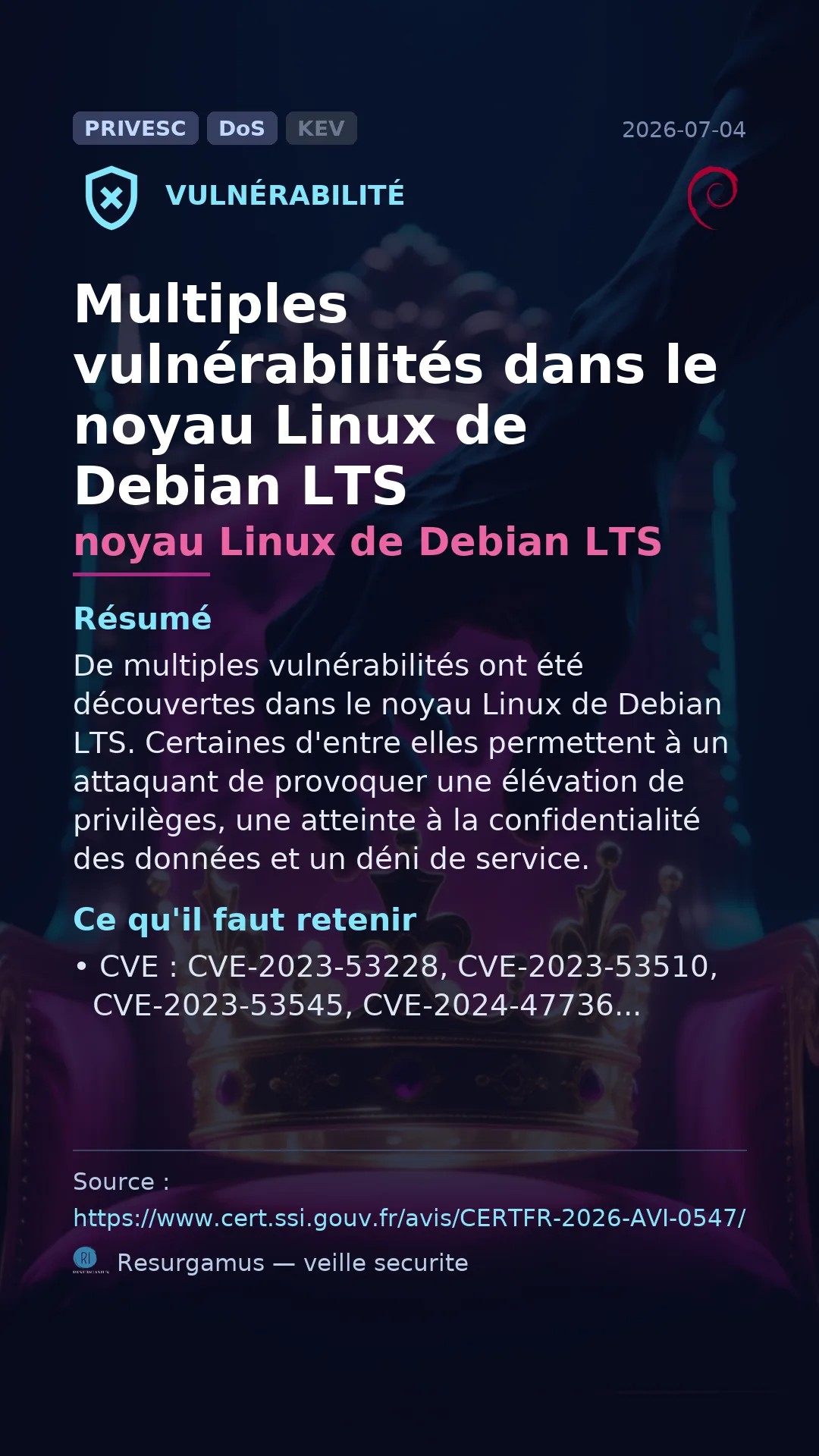 CVE-2023-53228 noyau Linux de Debian LTS Vulnerability