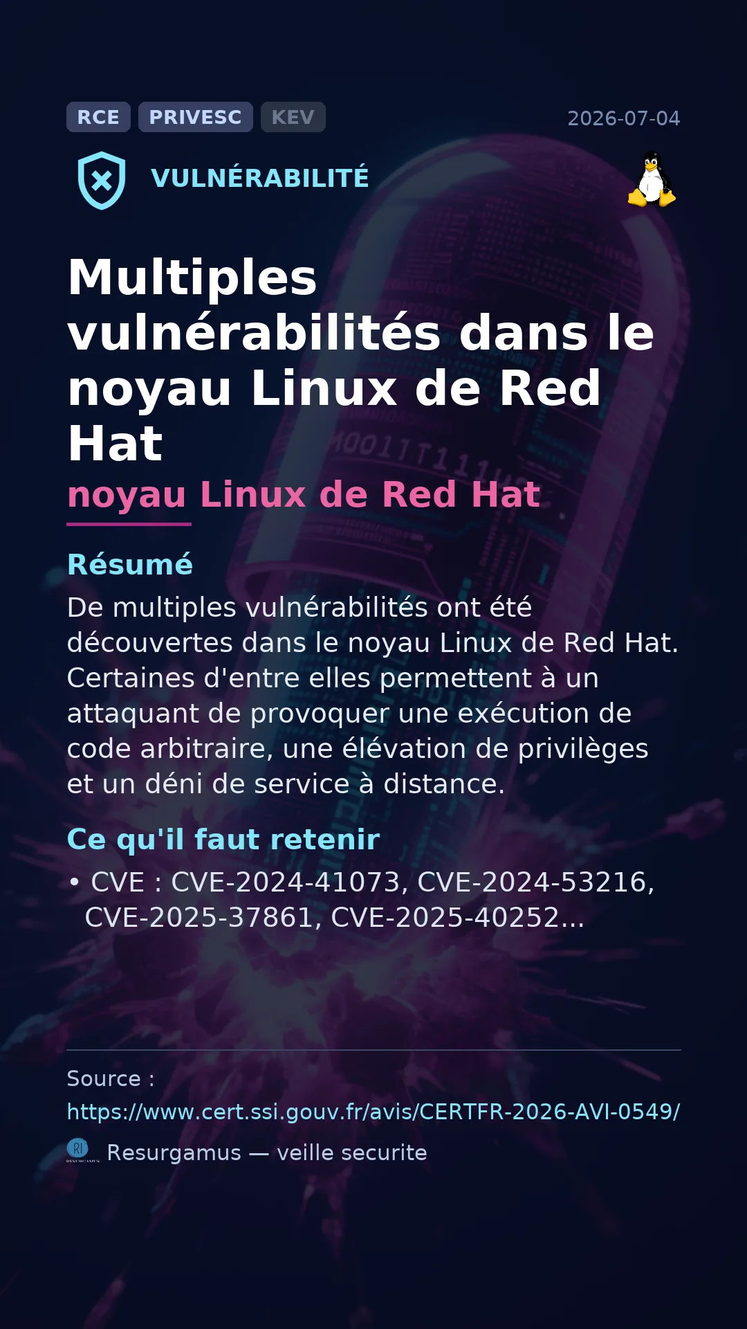 CVE-2024-41073 noyau Linux de Red Hat Vulnerability