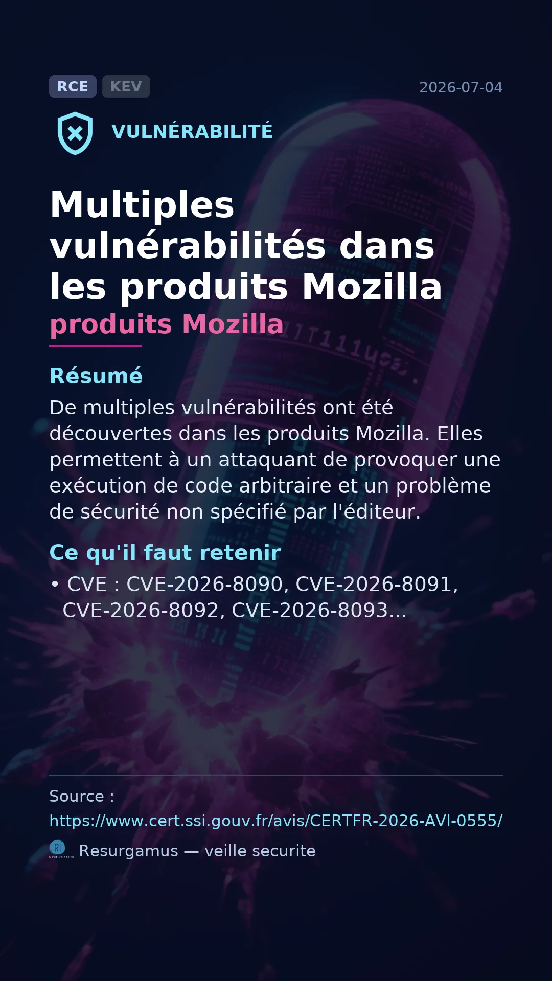 CVE-2026-8090 produits Mozilla Vulnerability