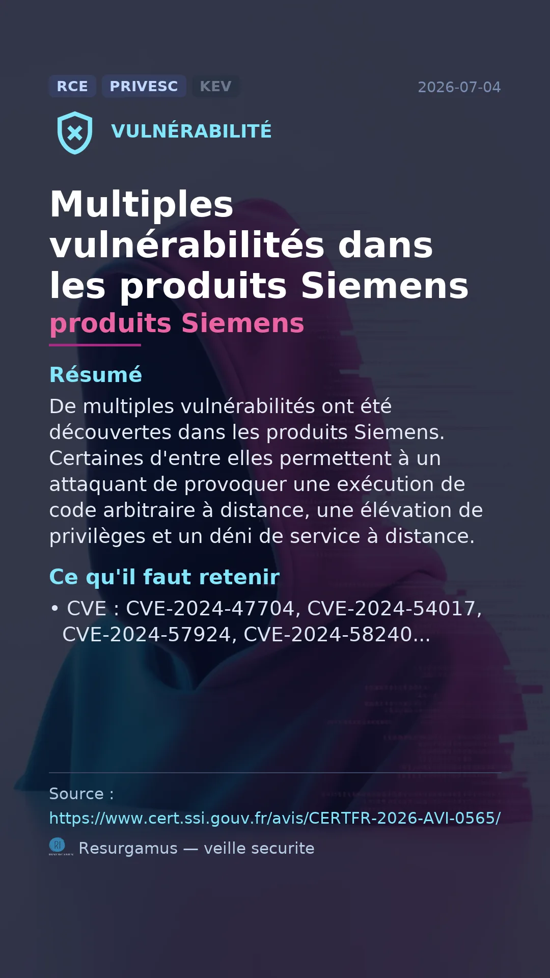 CVE-2024-47704 produits Siemens Vulnerability