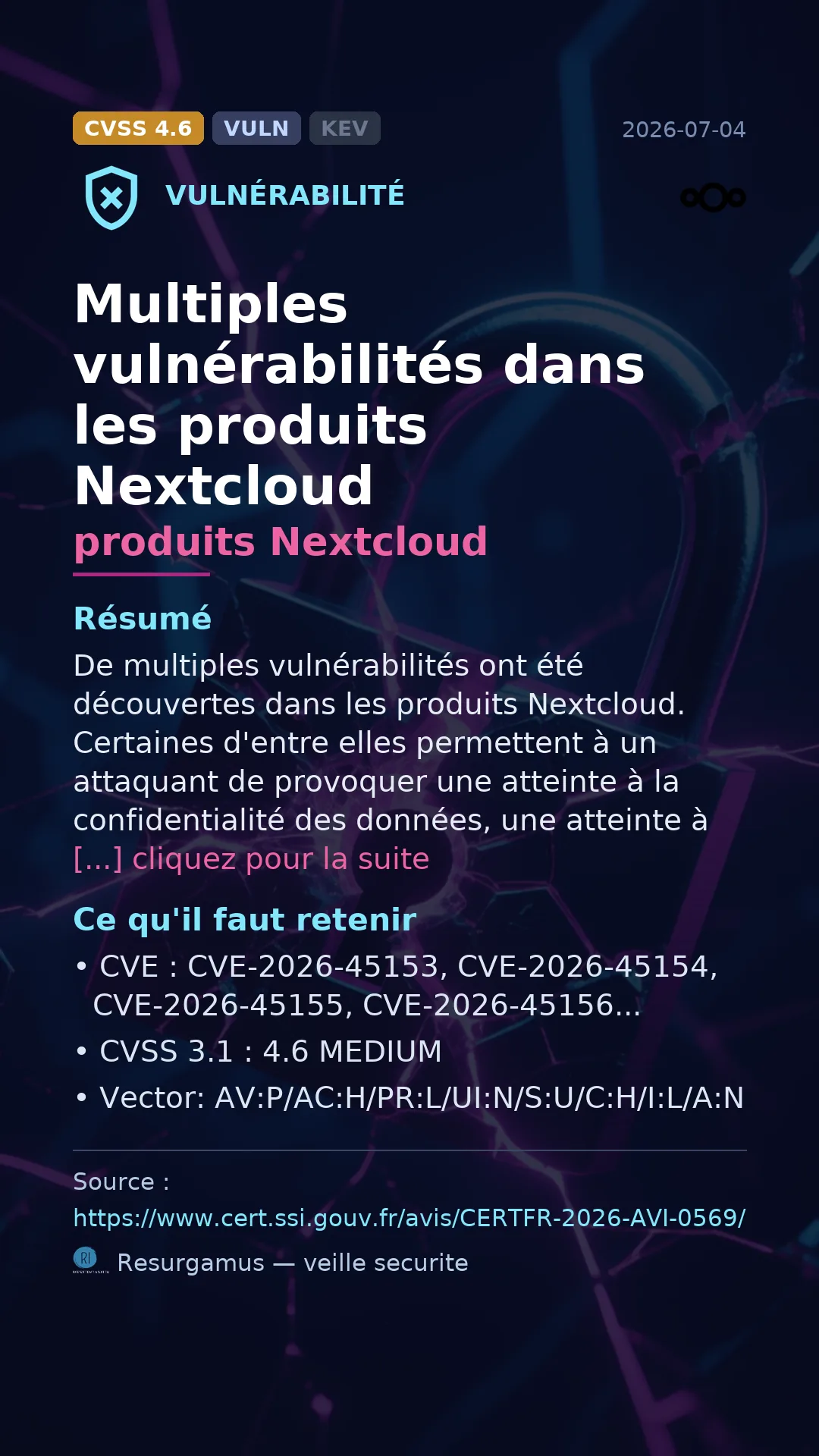 CVE-2026-45153 produits Nextcloud Vulnerability