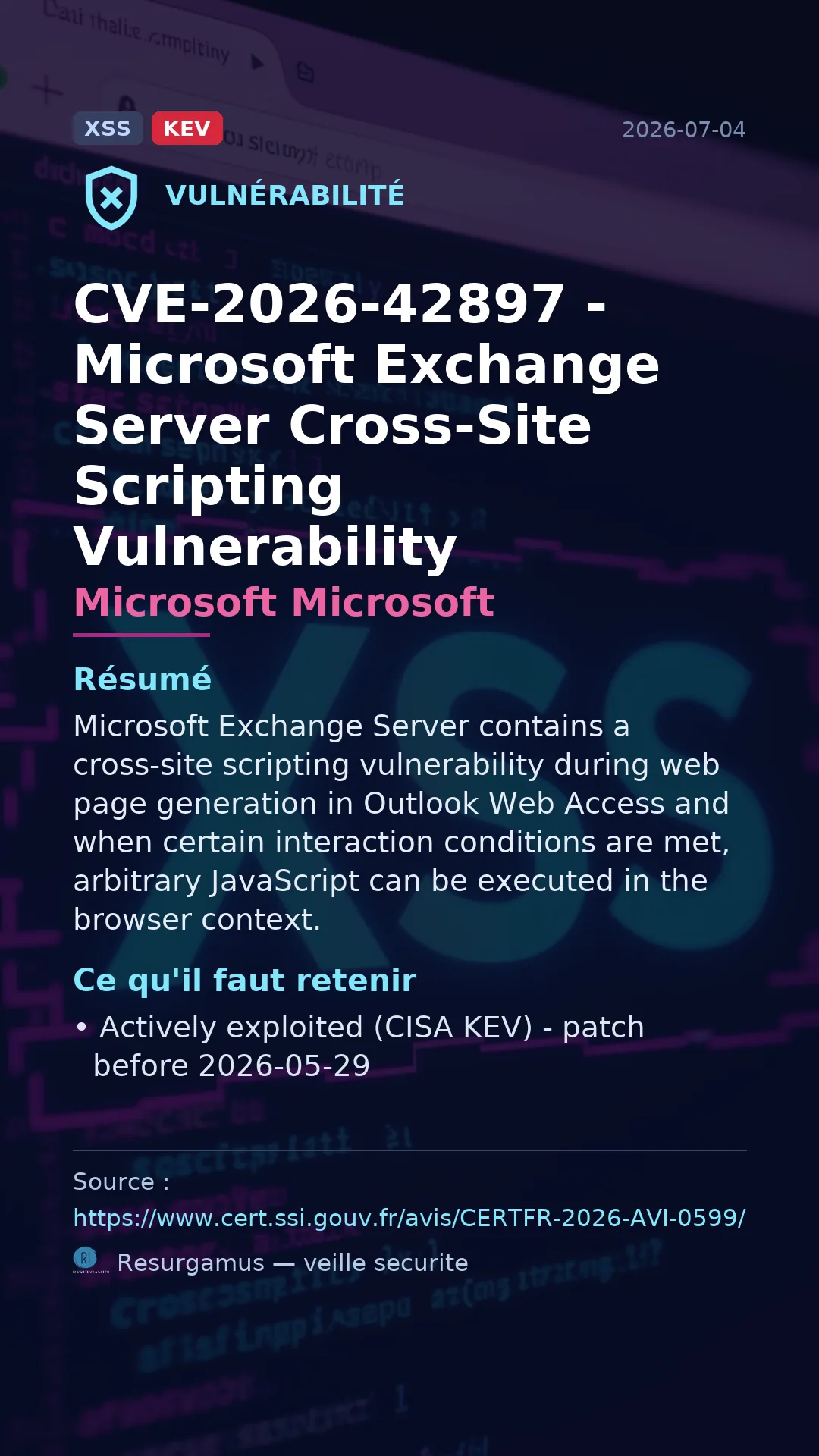 CVE-2026-42897 - Microsoft Microsoft - actively exploited (KEV) vulnerability