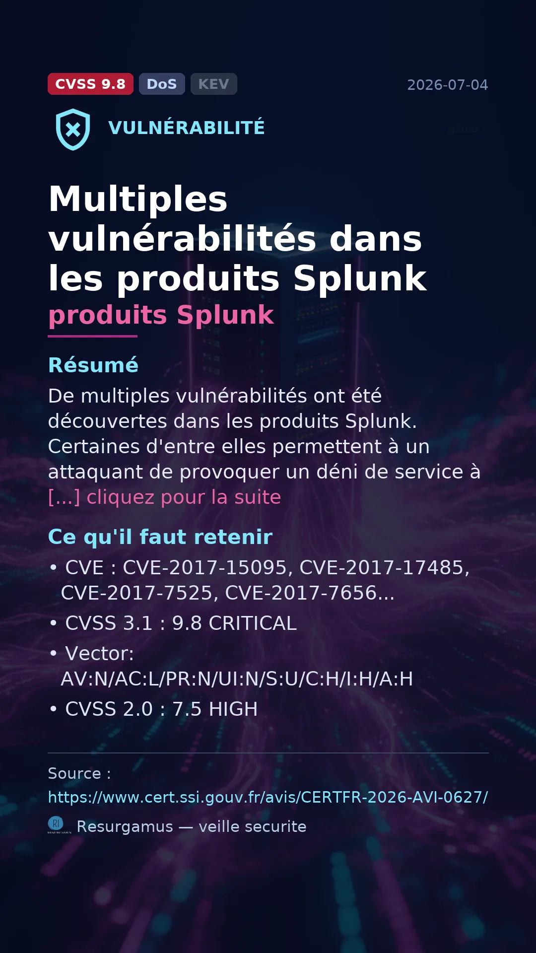 CVE-2017-15095 produits Splunk Vulnerability
