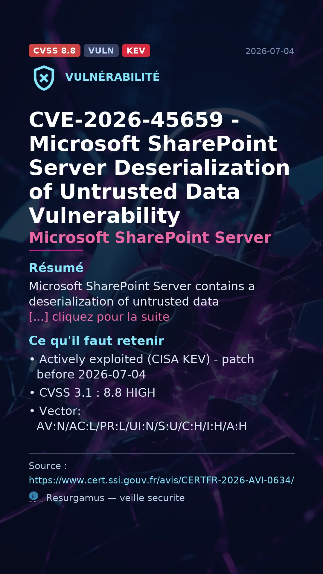 CVE-2026-45659 - Microsoft SharePoint Server - actively exploited (KEV) vulnerability