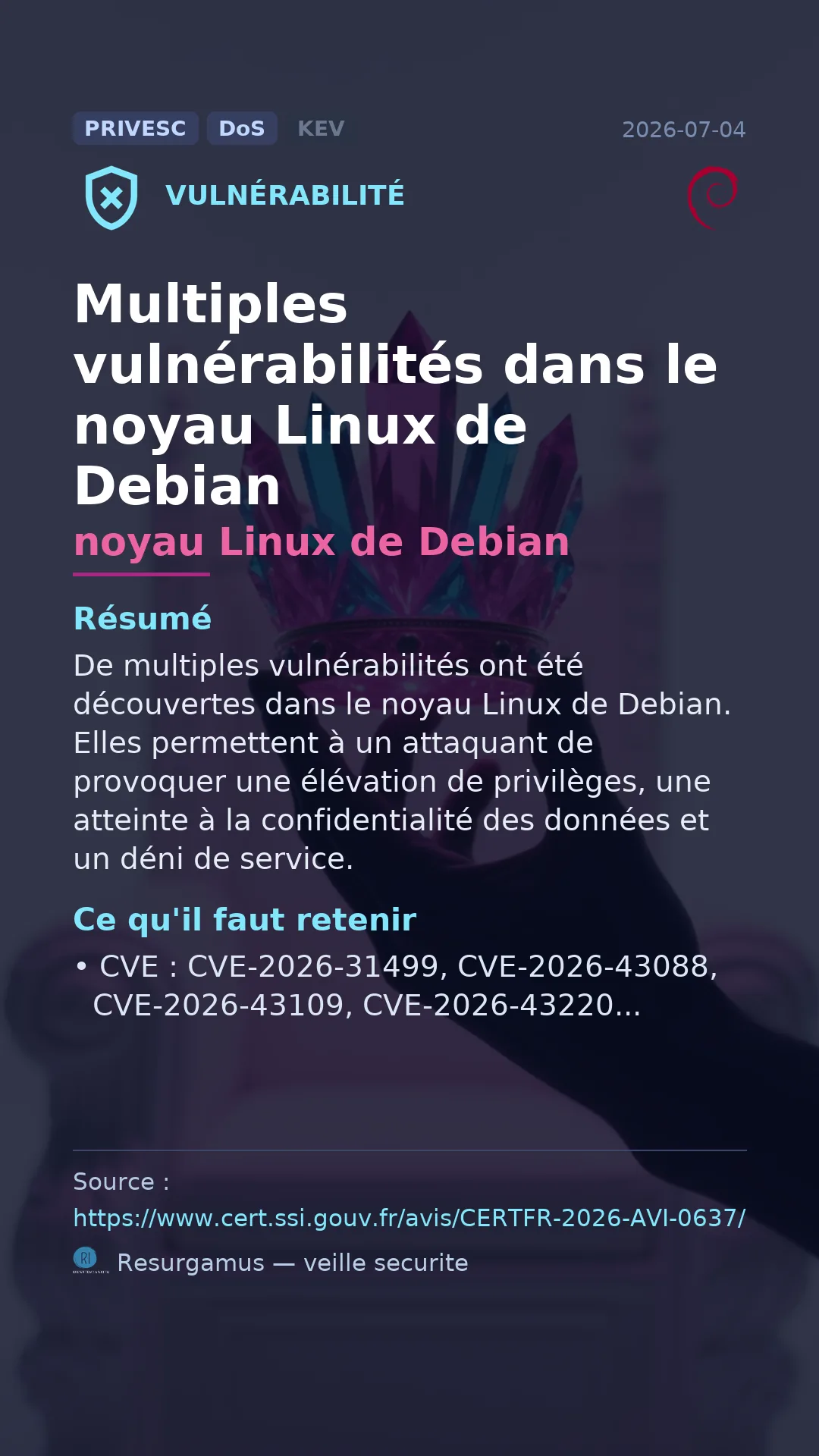 CVE-2026-31499 noyau Linux de Debian Vulnerability