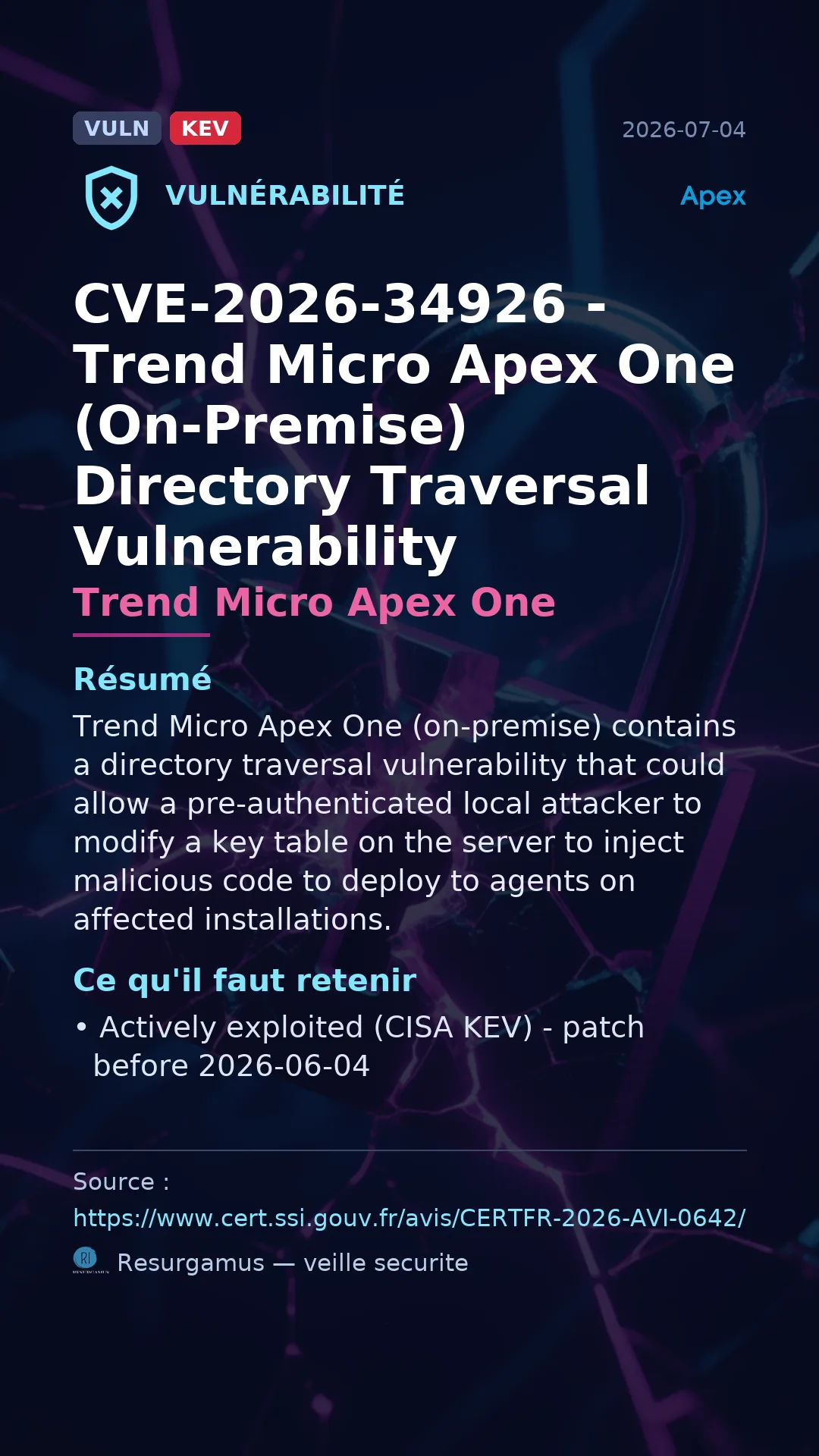 CVE-2026-34926 - Trend Micro Apex One - actively exploited (KEV) vulnerability