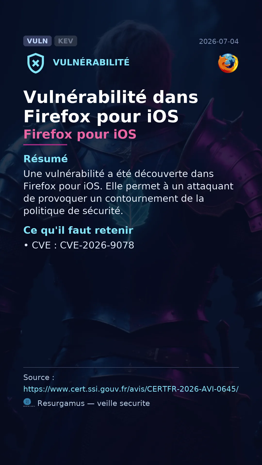 CVE-2026-9078 Firefox pour iOS Vulnerability