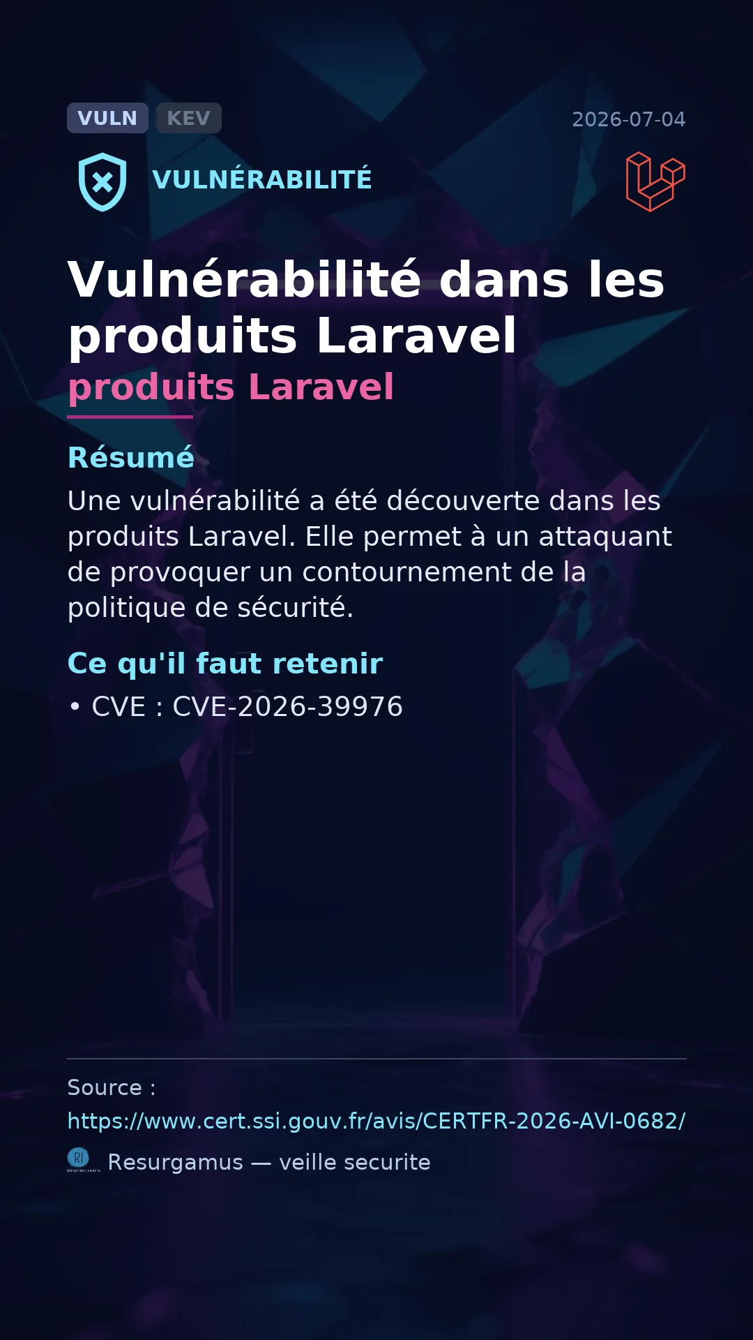 CVE-2026-39976 produits Laravel Vulnerability
