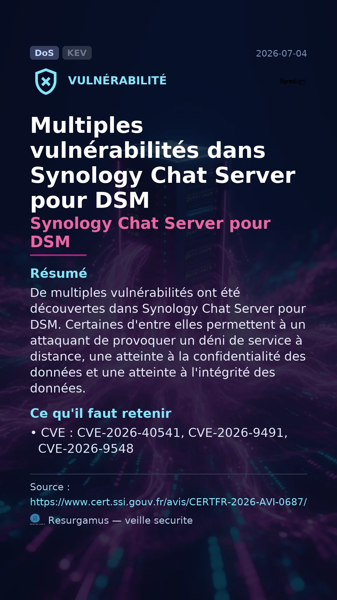CVE-2026-40541 Synology Chat Server pour DSM Vulnerability