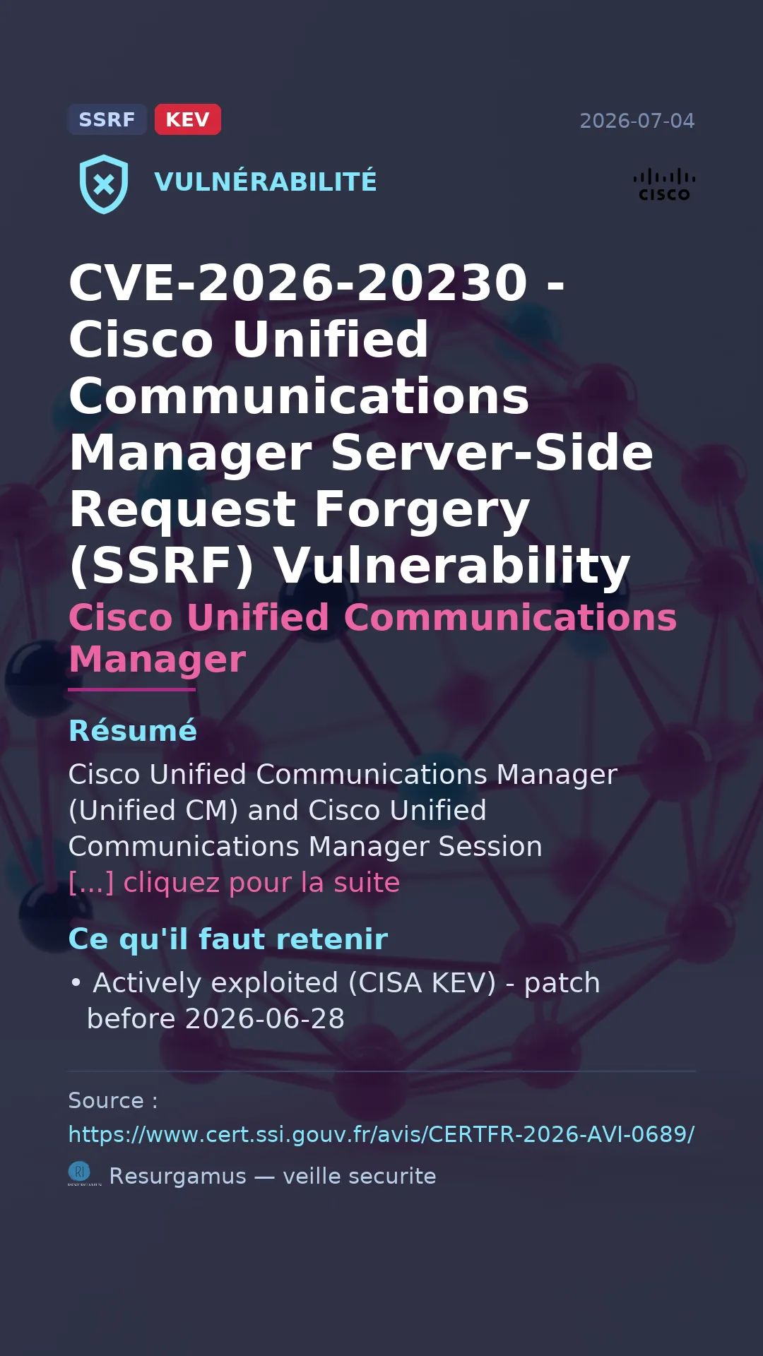 CVE-2026-20230 - Cisco Unified Communications Manager - actively exploited (KEV) vulnerability