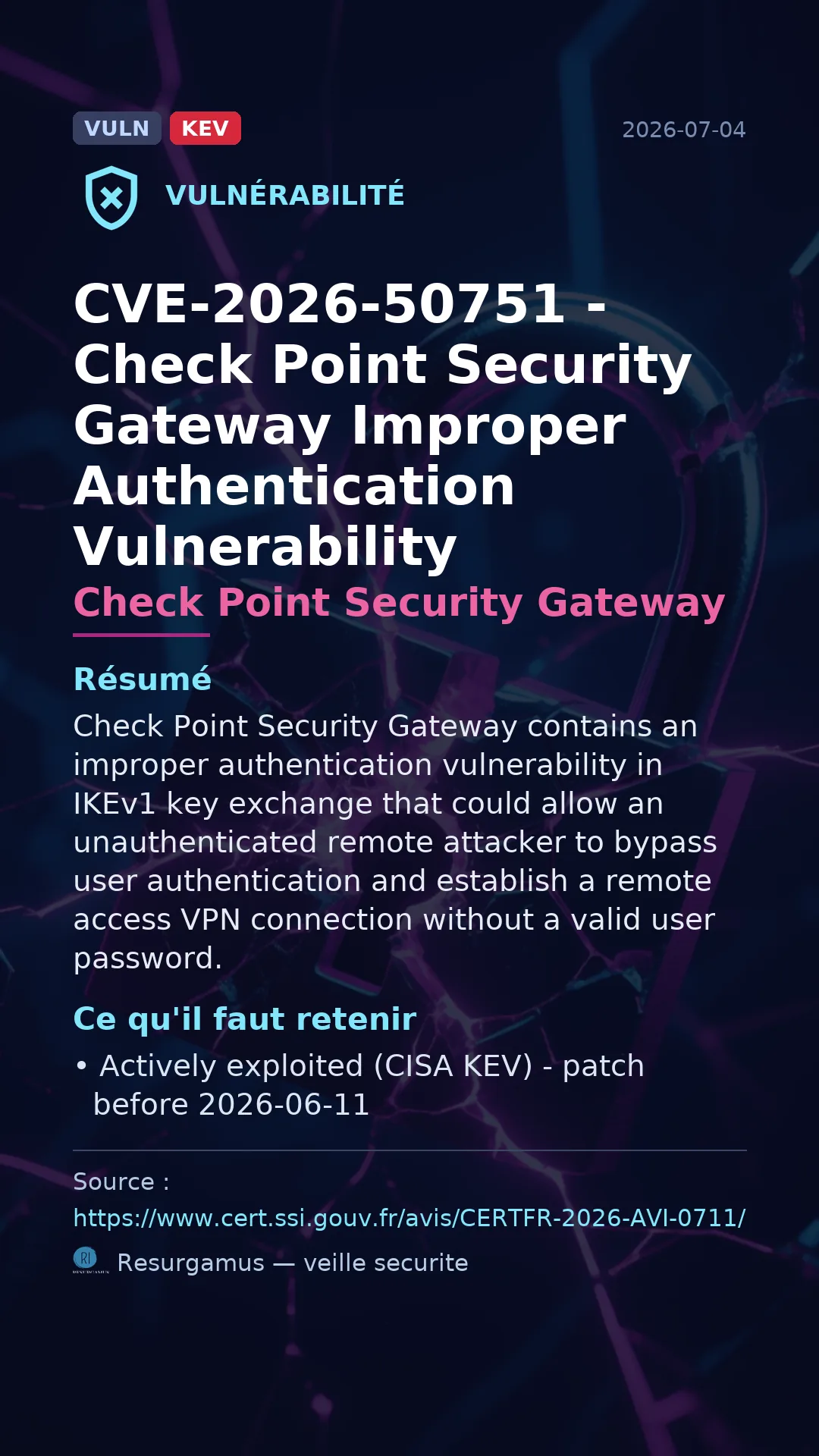 CVE-2026-50751 - Check Point Security Gateway - actively exploited (KEV) vulnerability