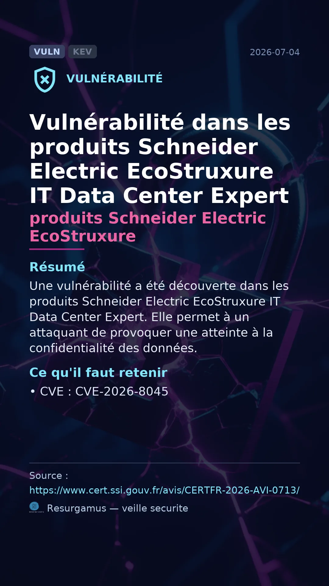 CVE-2026-8045 produits Schneider Electric EcoStruxure  Vulnerability