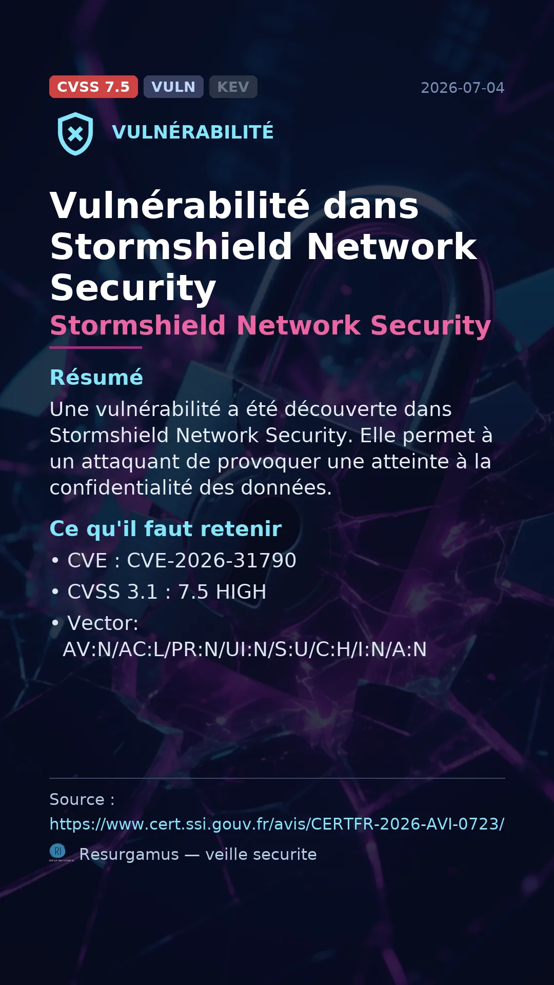 CVE-2026-31790 Stormshield Network Security Vulnerability