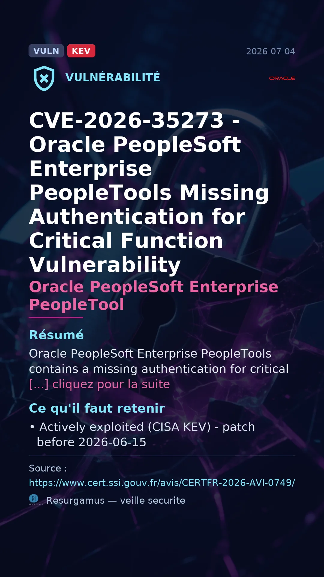 CVE-2026-35273 - Oracle PeopleSoft Enterprise PeopleTool - actively exploited (KEV) vulnerability