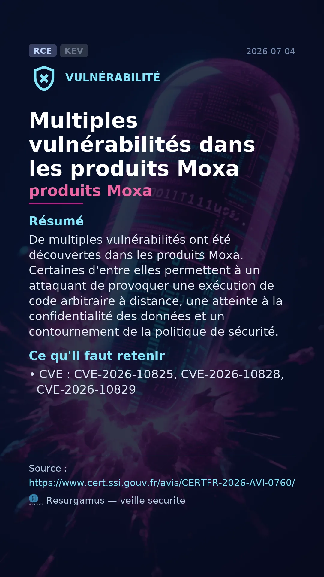 CVE-2026-10825 produits Moxa Vulnerability