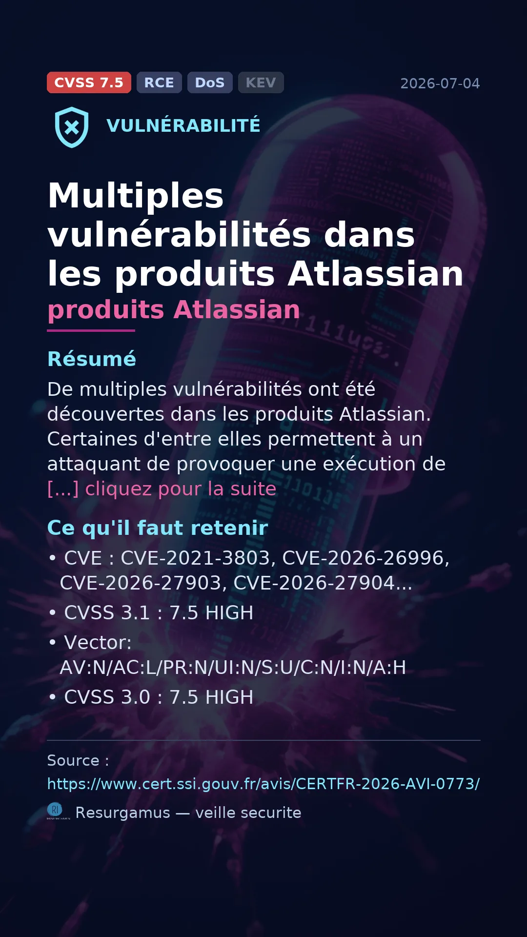 CVE-2021-3803 produits Atlassian Vulnerability