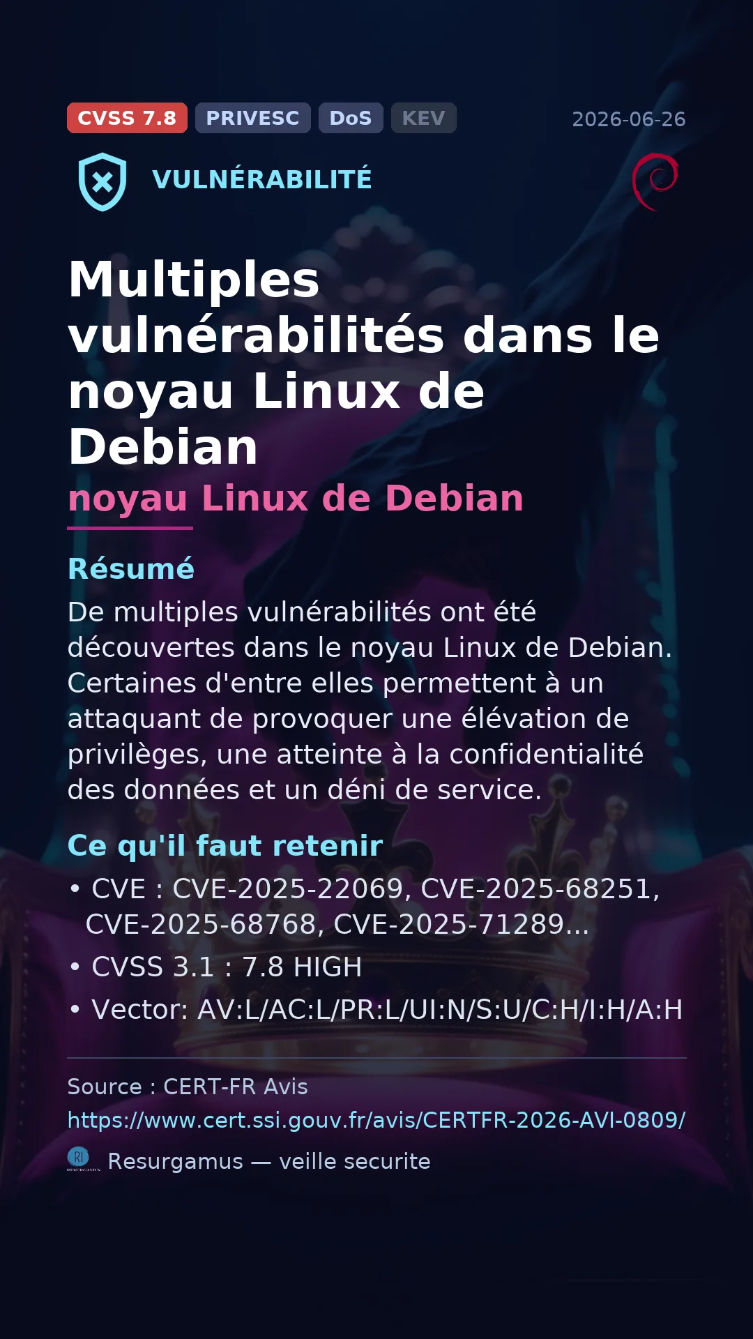 CVE-2025-22069 noyau Linux de Debian Vulnerability