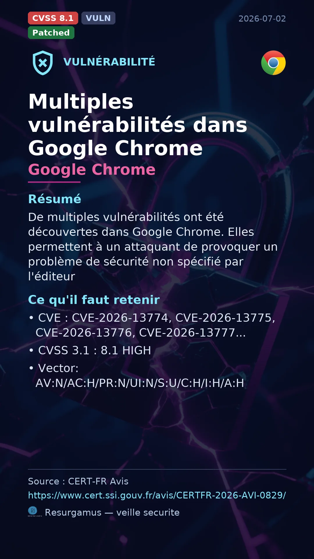 CVE-2026-13774 - Google Chrome vulnerability