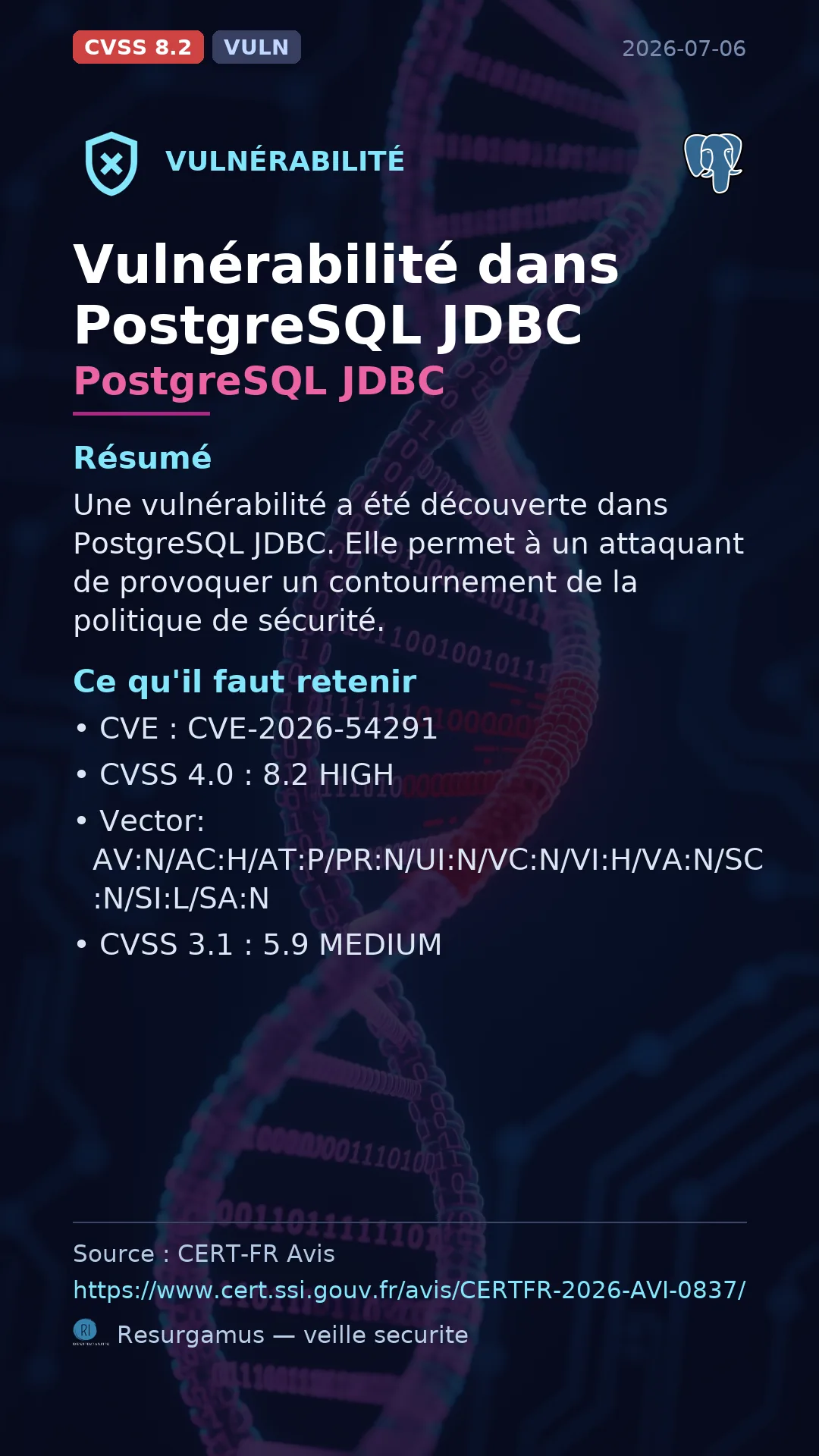 CVE-2026-54291 - PostgreSQL JDBC vulnerability