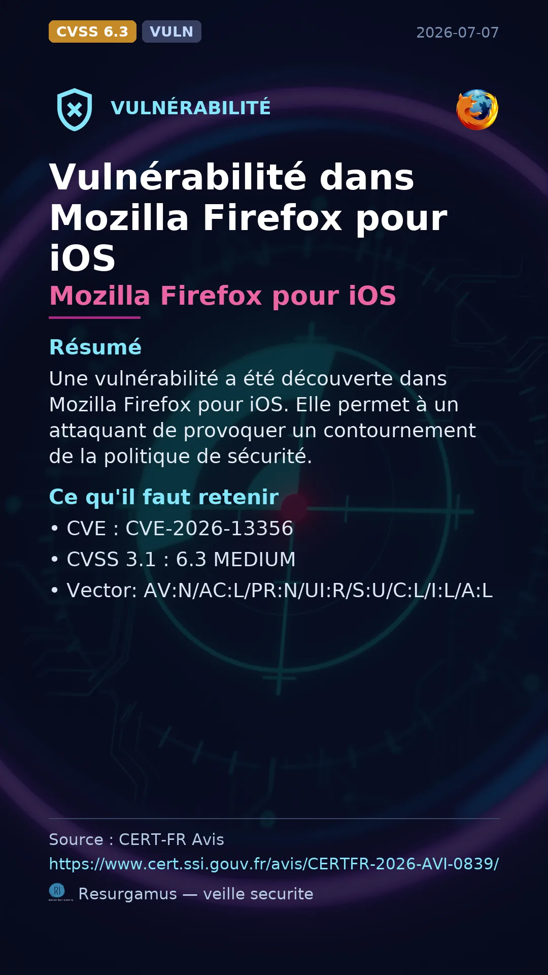 CVE-2026-13356 - Mozilla Firefox pour iOS vulnerability