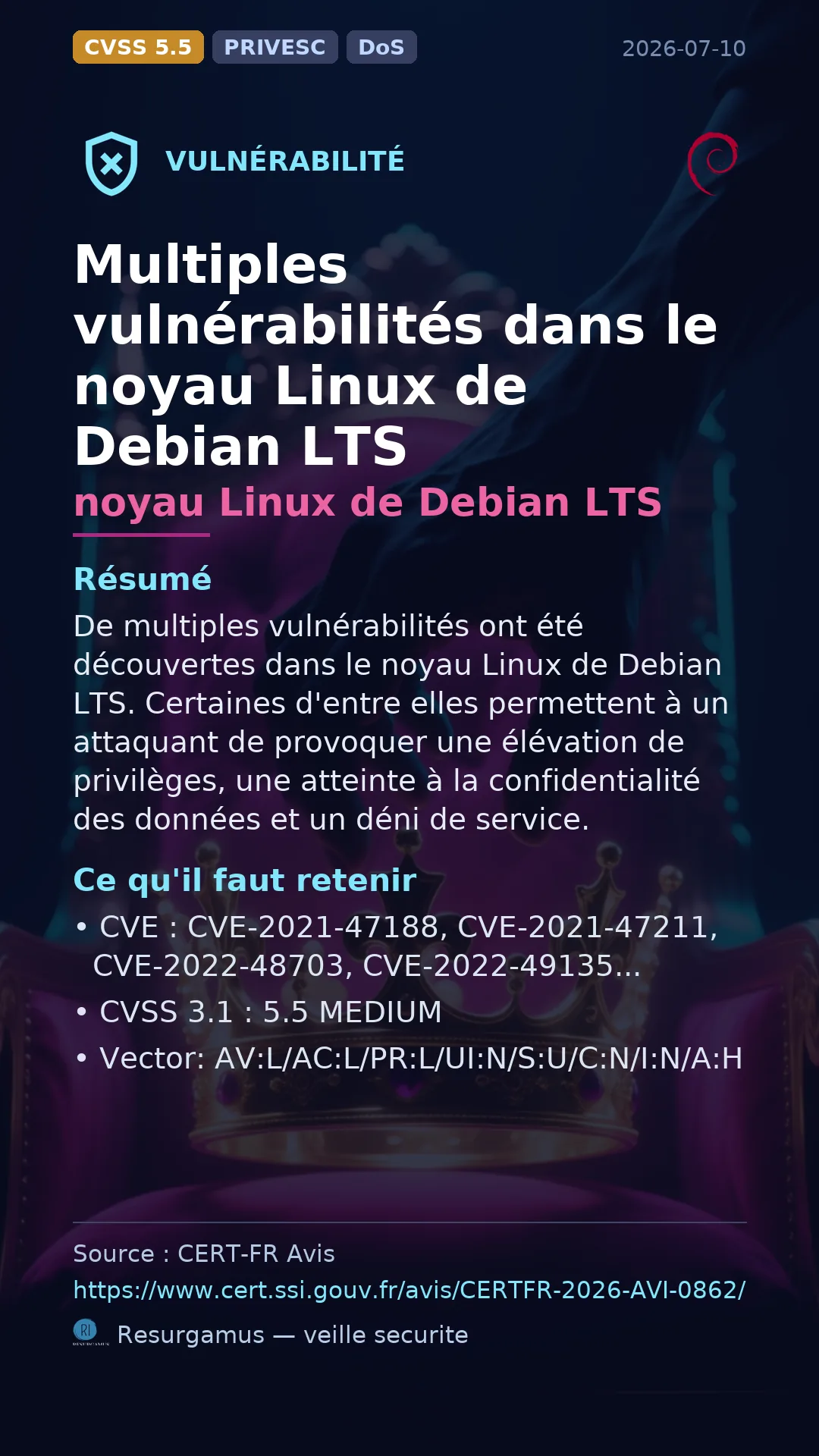 CVE-2021-47188 - noyau Linux de Debian LTS vulnerability
