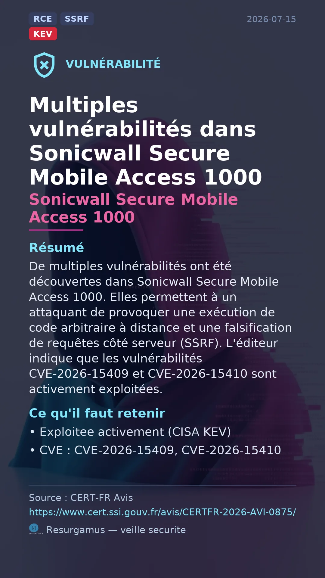 CVE-2026-15409 - Sonicwall Secure Mobile Access 1000 - actively exploited (KEV) vulnerability