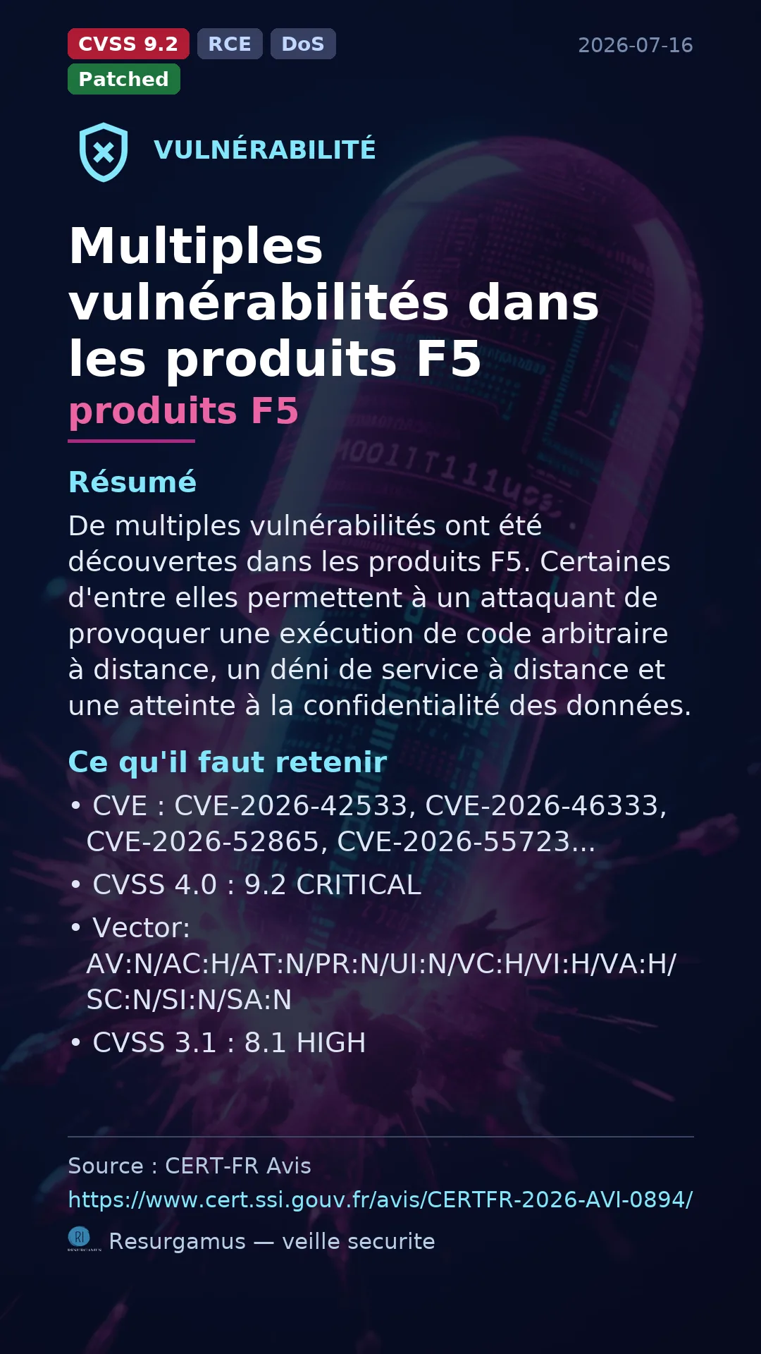 CVE-2026-42533 - produits F5 vulnerability