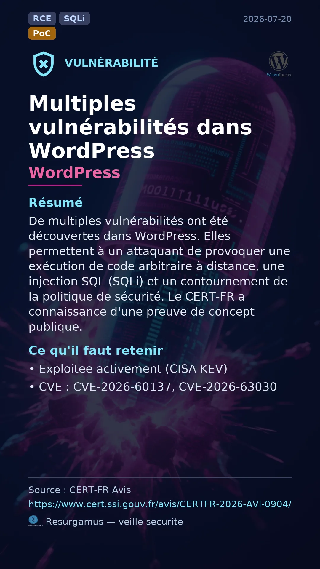 CVE-2026-60137 - WordPress - actively exploited (KEV) vulnerability