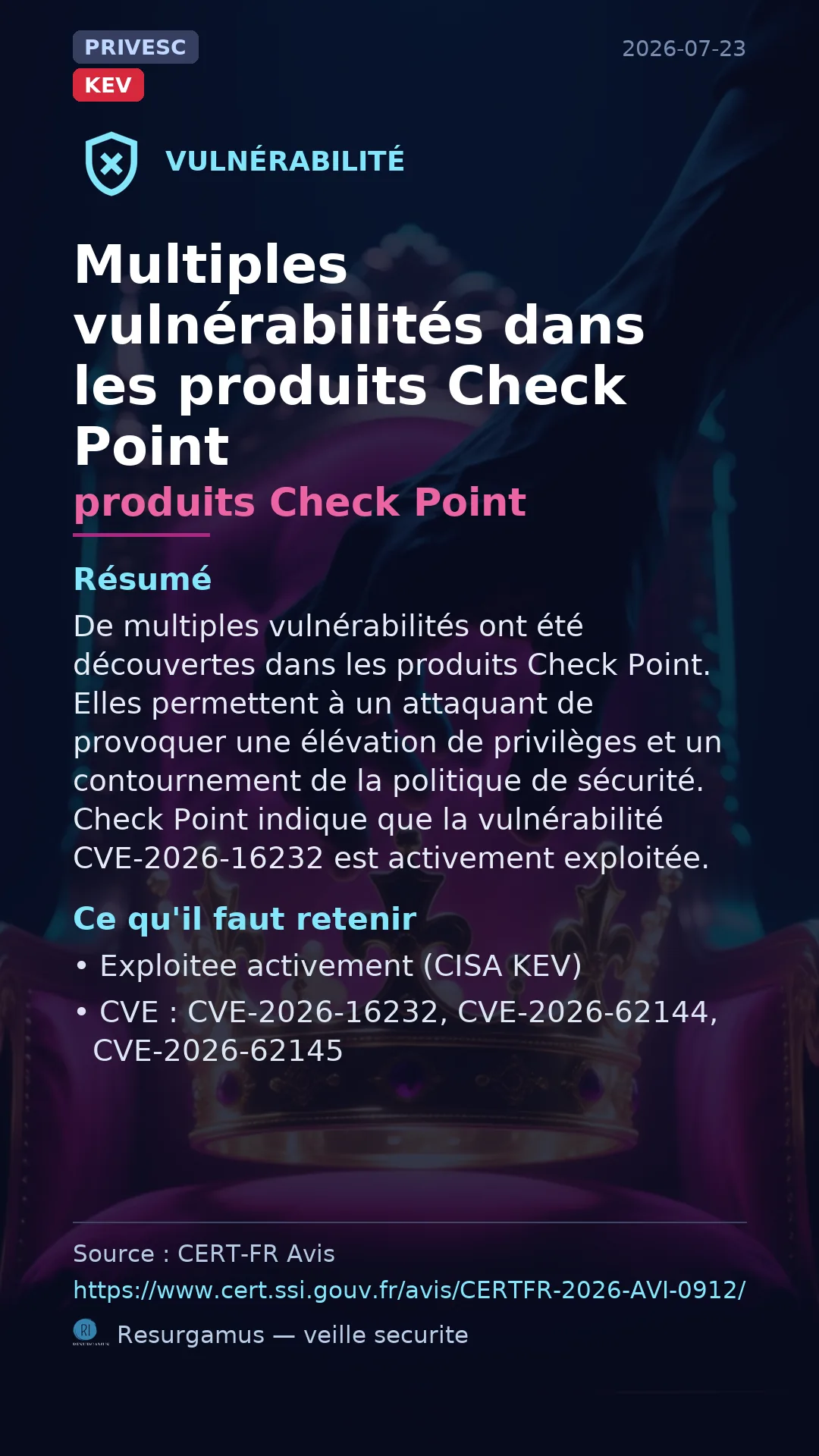 CVE-2026-16232 - produits Check Point - actively exploited (KEV) vulnerability