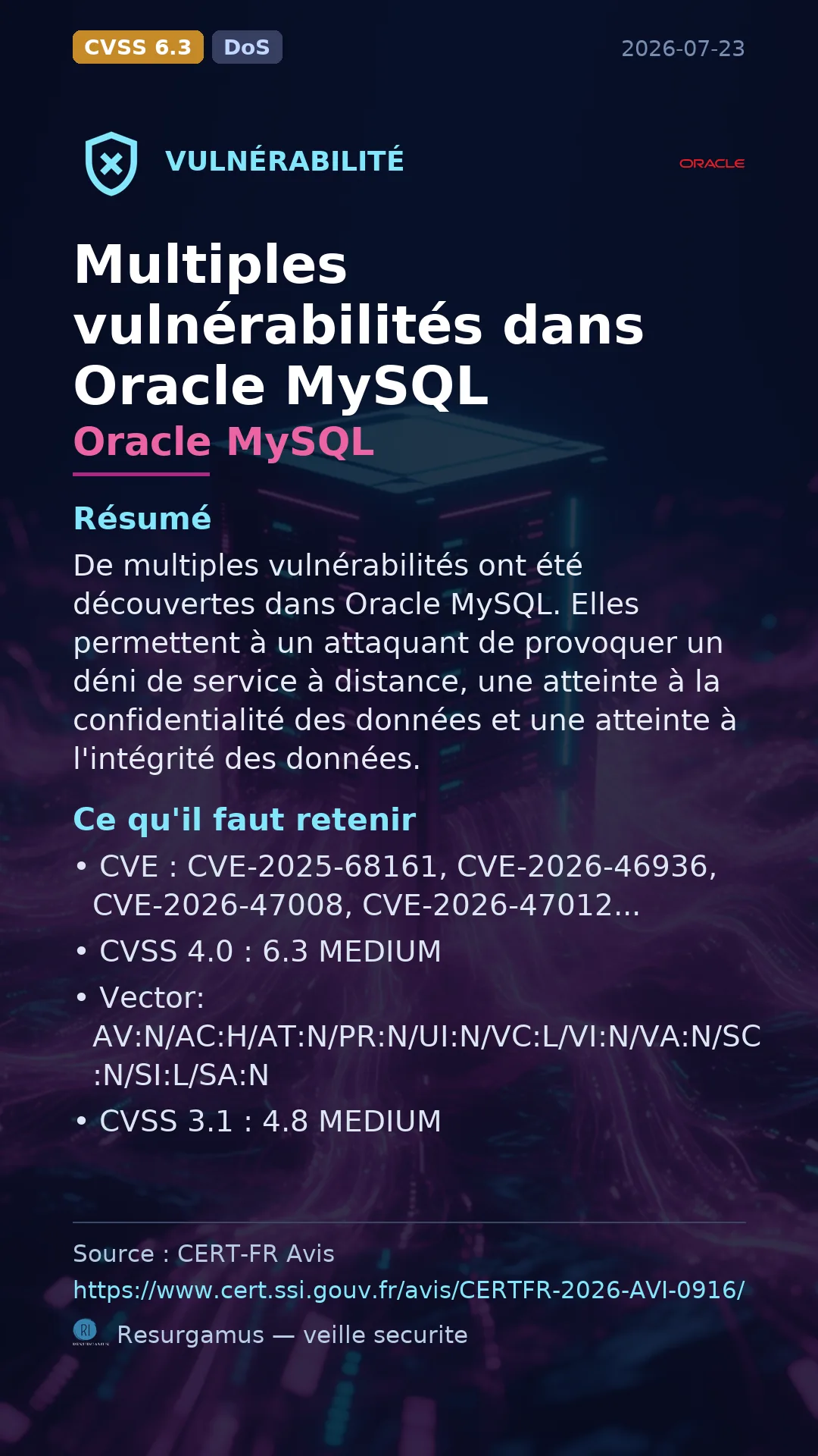 CVE-2025-68161 - Oracle MySQL vulnerability