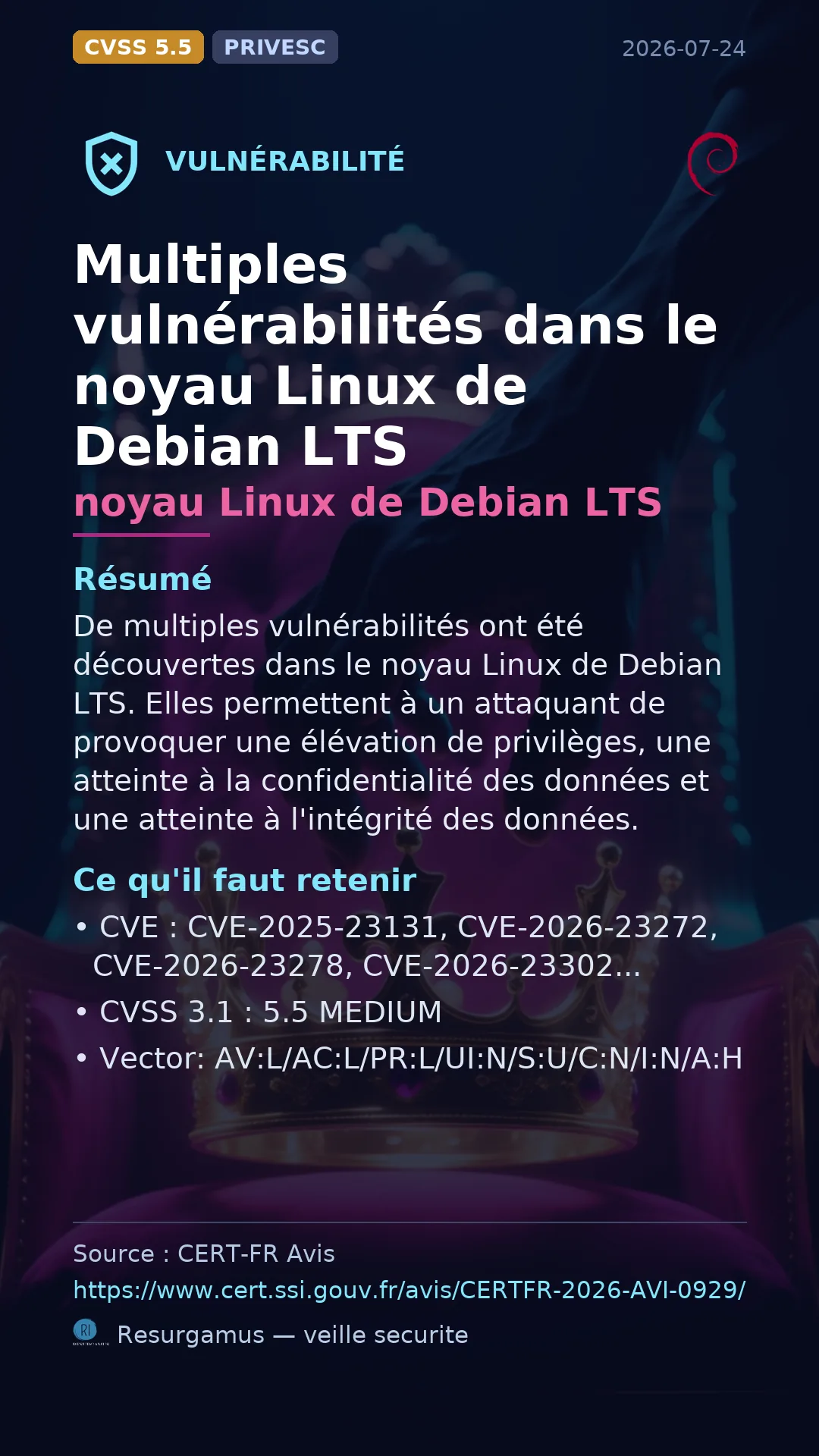 CVE-2025-23131 - noyau Linux de Debian LTS vulnerability