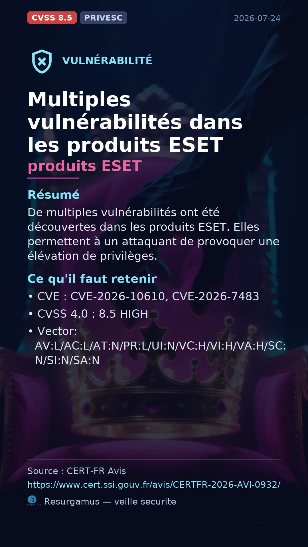 CVE-2026-10610 - produits ESET vulnerability
